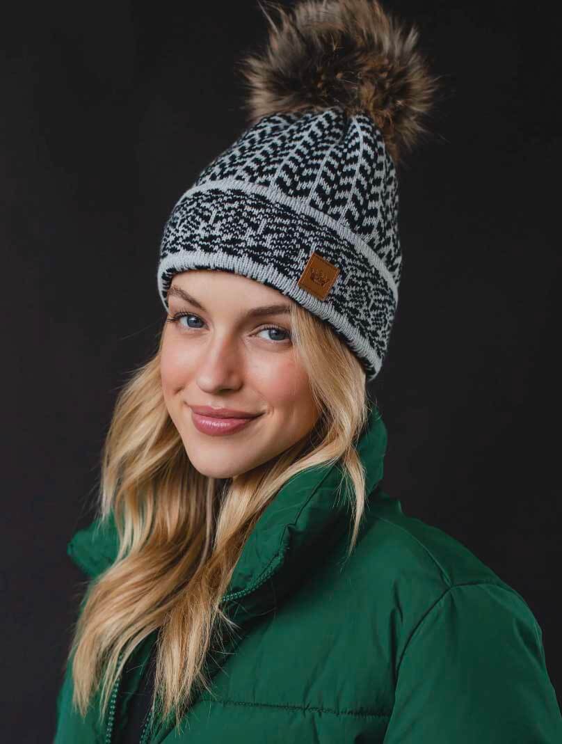 Fleece Lined Patterned Knit Pom Hat