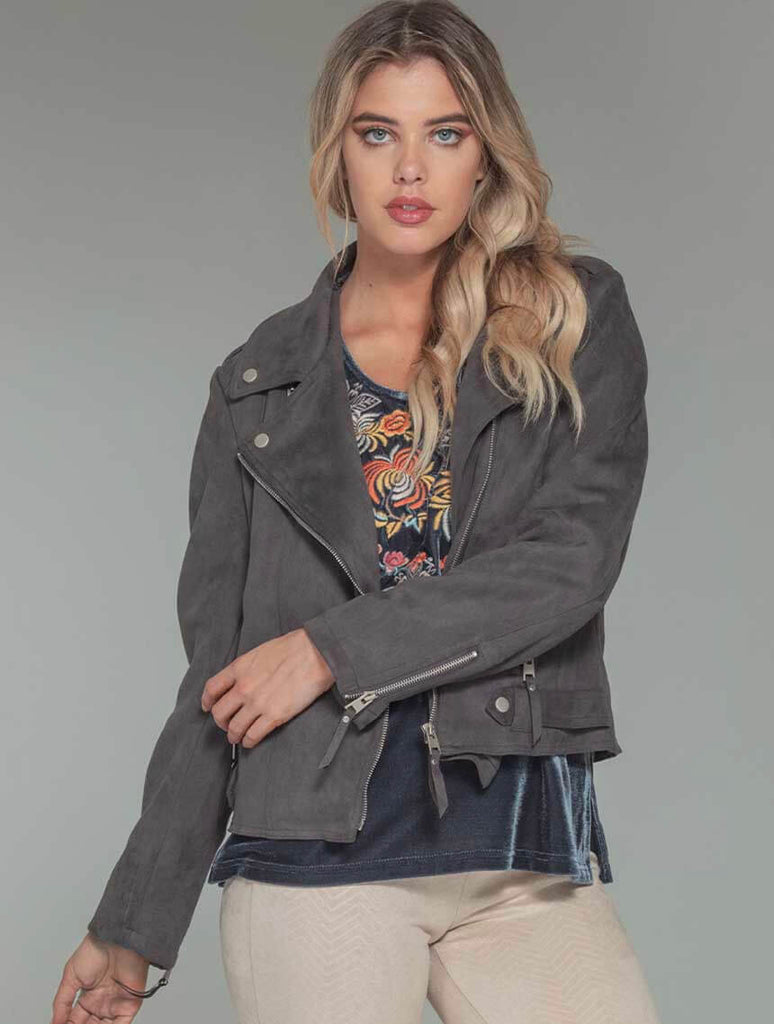 Faux Suede Moto Jacket in Charcoal