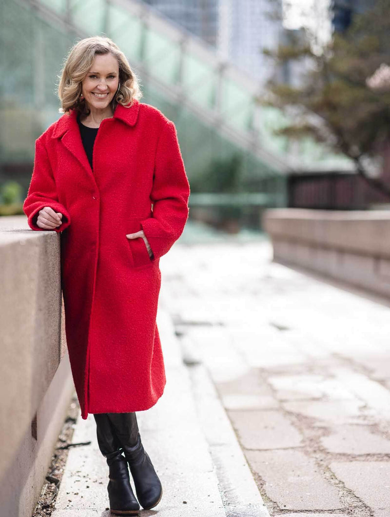 Boucle Lapel Coat With Pockets in Red