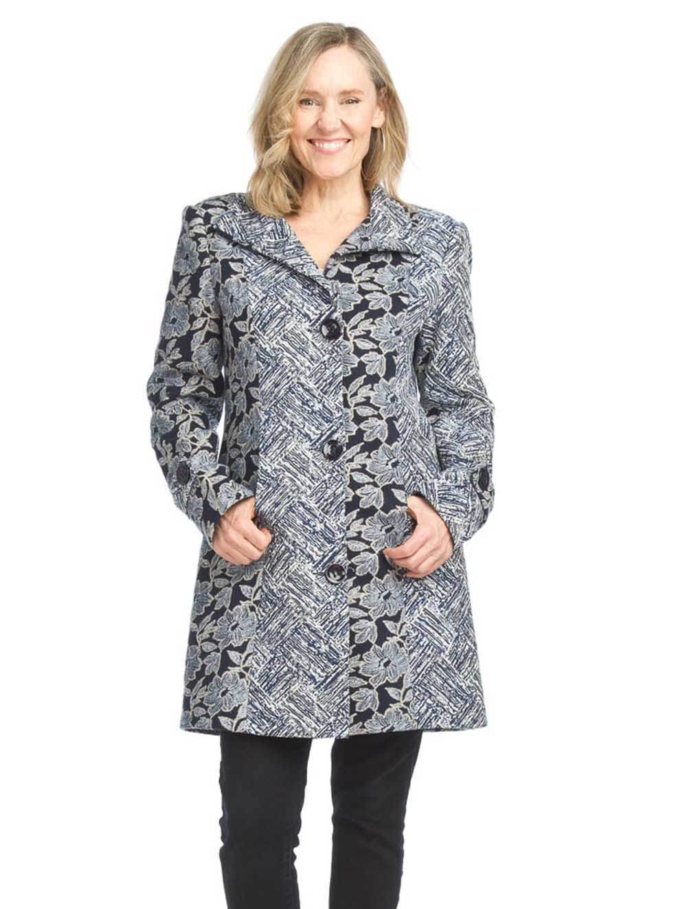 Tapestry Collared Coat With Pockets in Navy