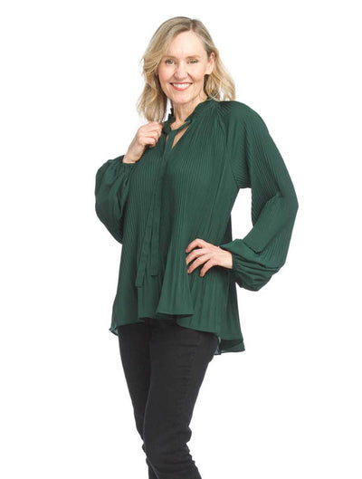 Permanent Pleated Long Sleeve Blouse With Tie Neck In Emerald