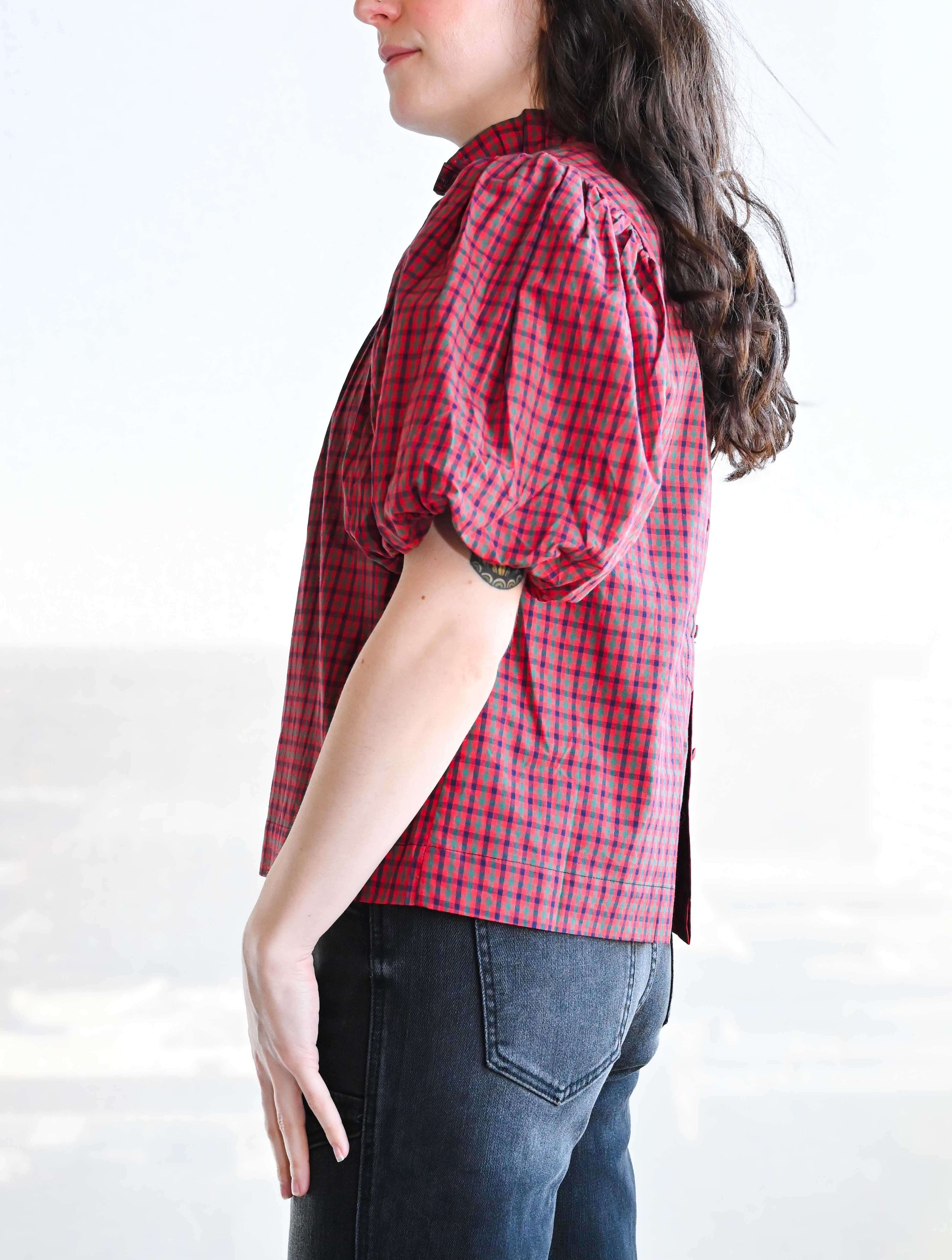 Plaid Ruffle Mock Neck Blouse