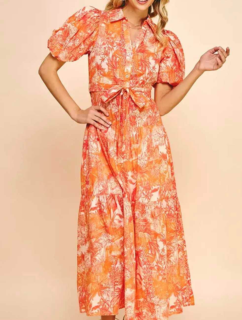 Printed Button Down Maxi Dress in Orange Multi