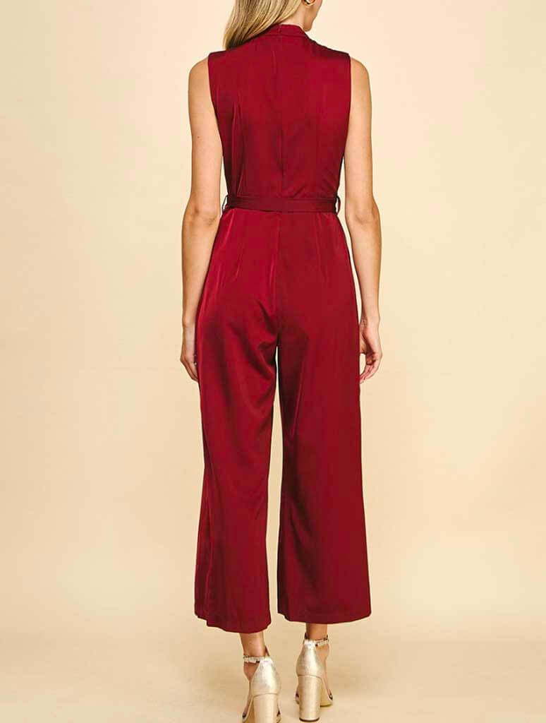 Sleeveless Belted Satin Jumpsuit in Burgundy