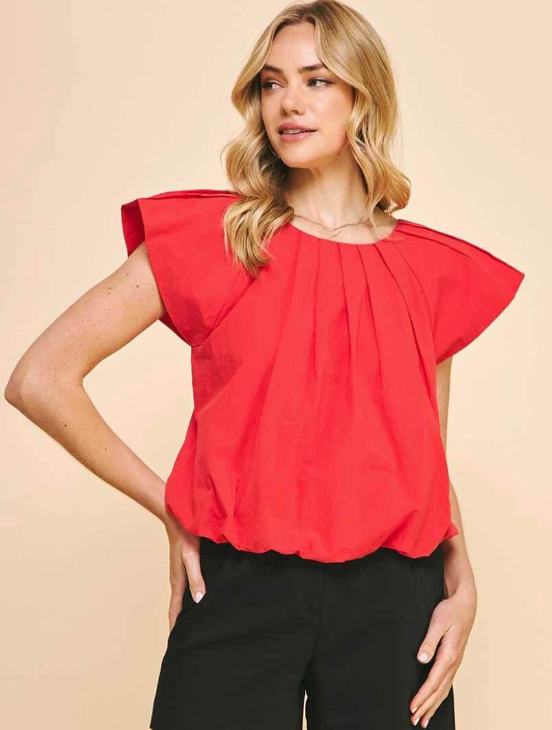 Pleated Short Sleeve Woven Top in Red