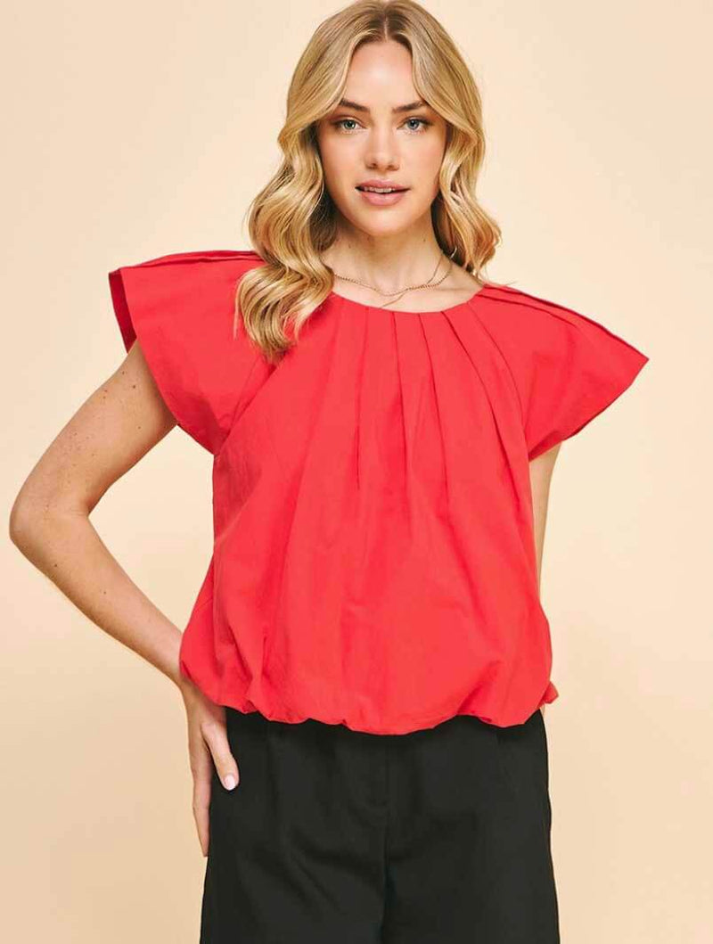 Pleated Short Sleeve Woven Top in Red