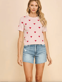 Heart Short Sleeve Sweater Top In Pink/Red