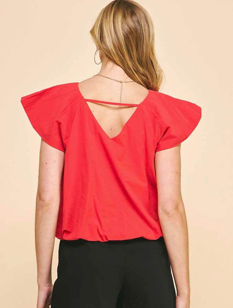 Pleated Short Sleeve Woven Top in Red