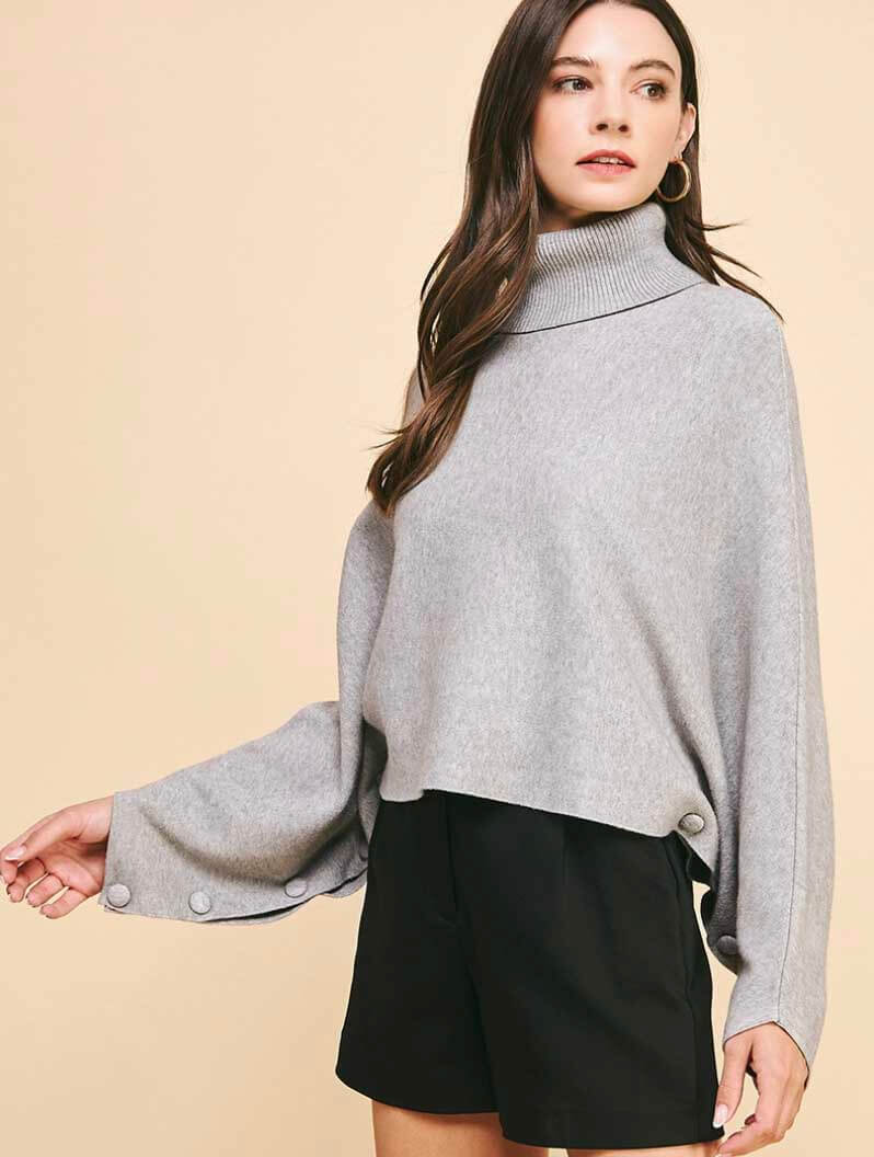 Turtleneck Raglan Sleeve Sweater with Button Detail