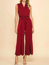 Sleeveless Belted Satin Jumpsuit in Burgundy