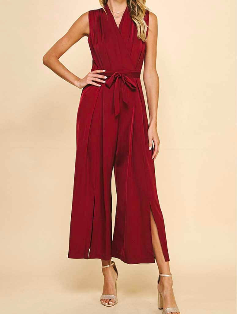 Sleeveless Belted Satin Jumpsuit in Burgundy