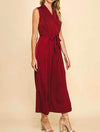Sleeveless Belted Satin Jumpsuit in Burgundy