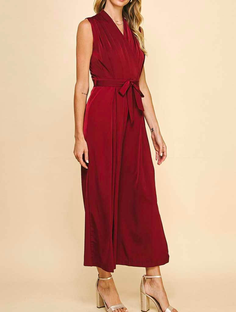 Sleeveless Belted Satin Jumpsuit in Burgundy