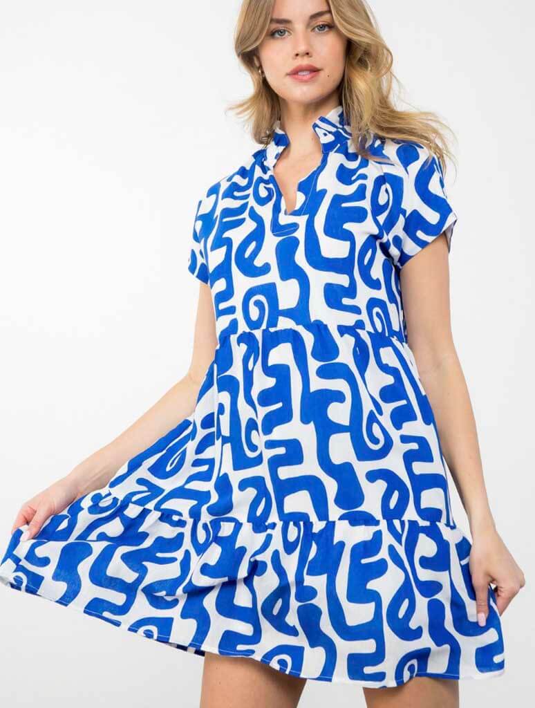 Short Sleeve Print Tiered Dress in Blue