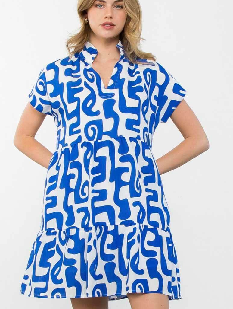 Short Sleeve Print Tiered Dress in Blue