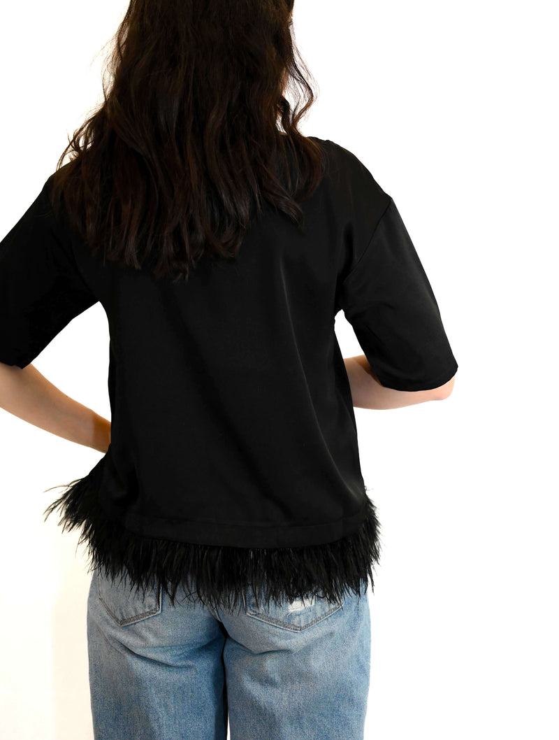 Satin Feather Trim Sleeve Top