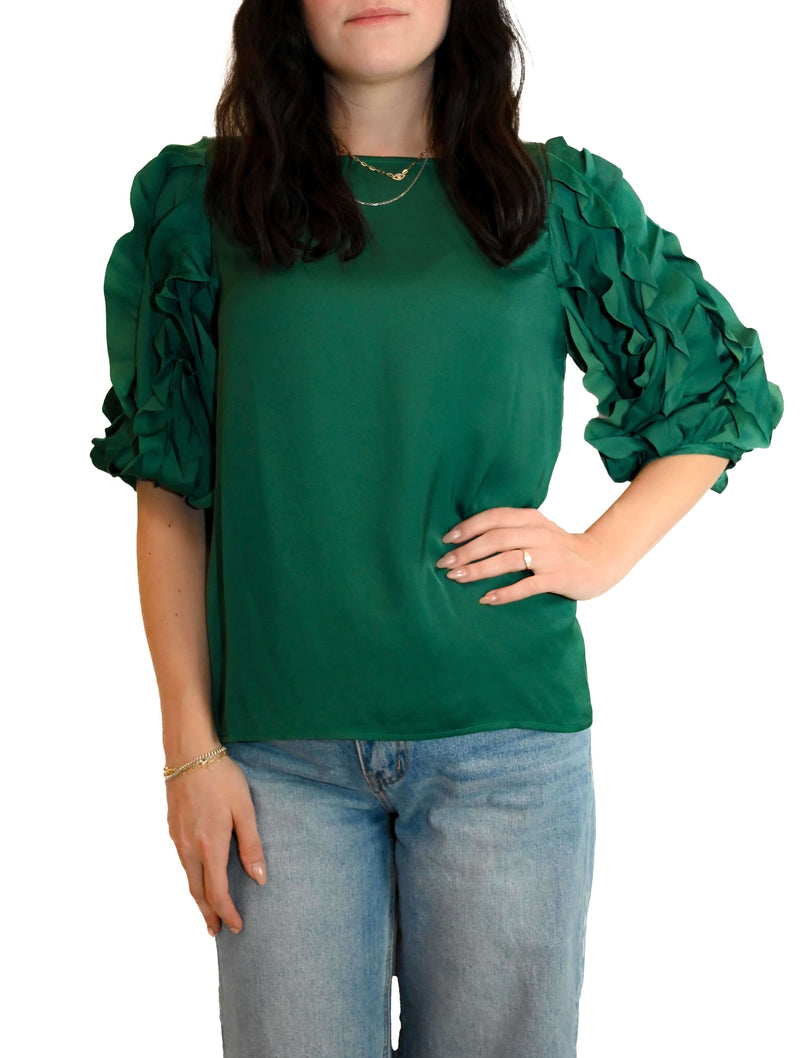 Silky Satin Ruffle Trip 3/4 Sleeve Top