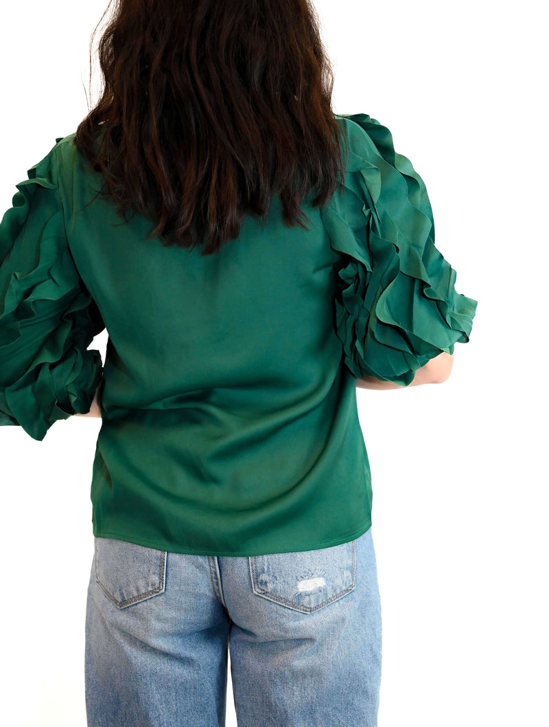 Silky Satin Ruffle Trip 3/4 Sleeve Top