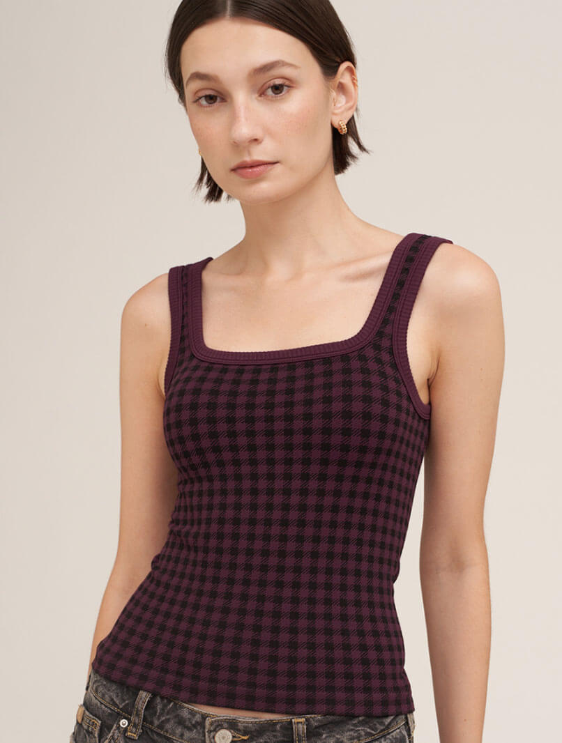 Checked Square Neck Top