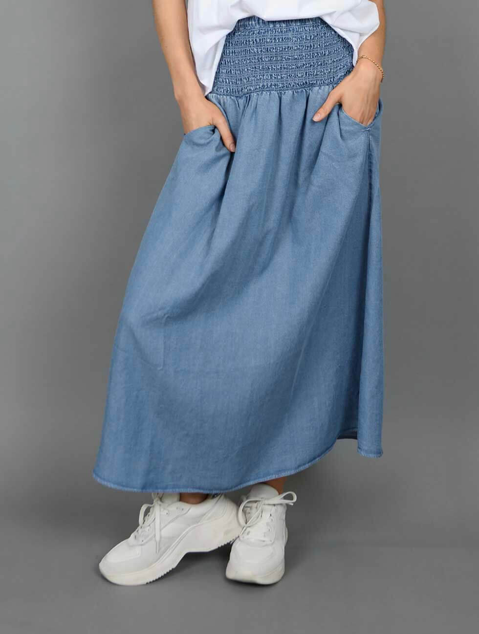 Suzanne Tencel Shirred Skirt in Mid Blue