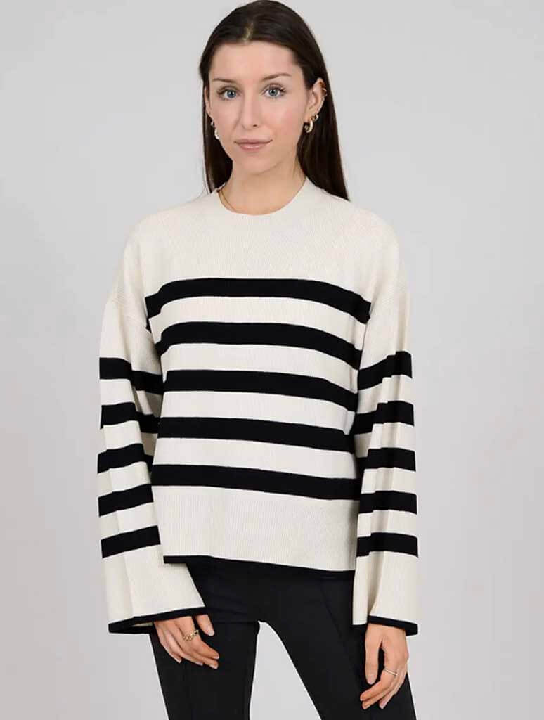 Magda Long Sleeve Pullover Sweater in Black & White Stripe