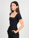 Stacy Ribbed Front & Back Square Neck Bodysuit in Black