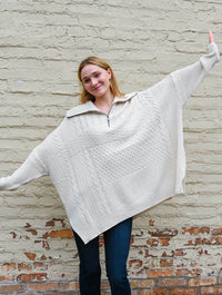 Persephone Long Sleeve Troyer Neck Poncho in White Beach