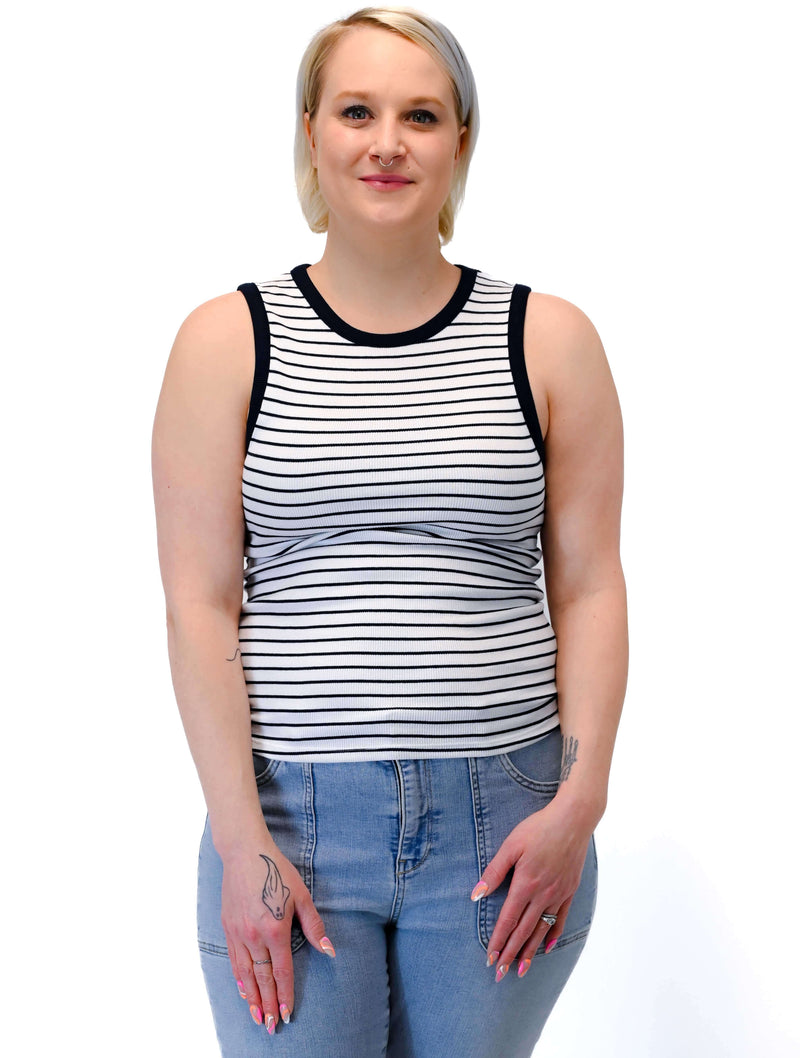 Maria Striped Crew Neck Muscle Tank in White/Navy