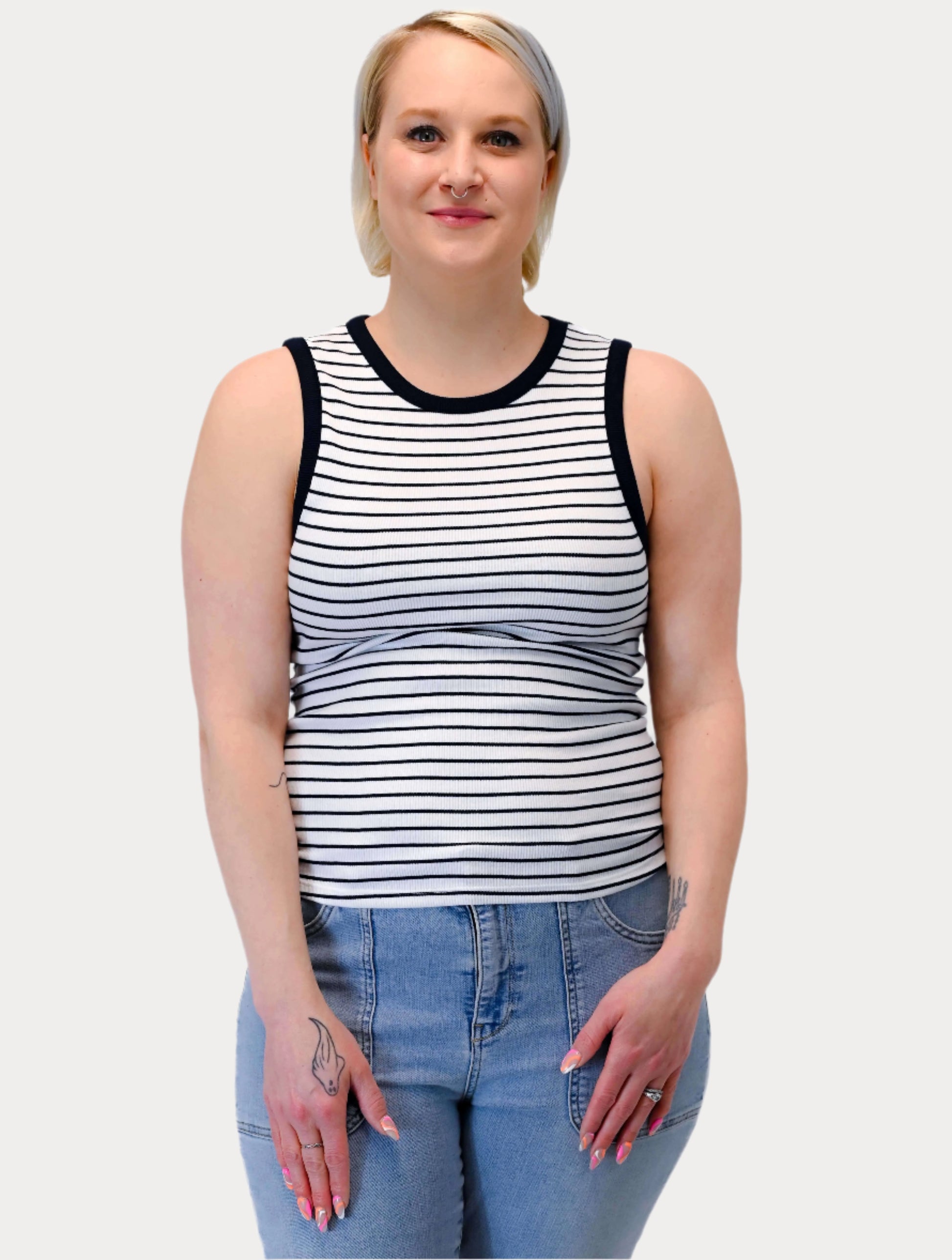 Maria Striped Crew Neck Muscle Tank in White/Navy