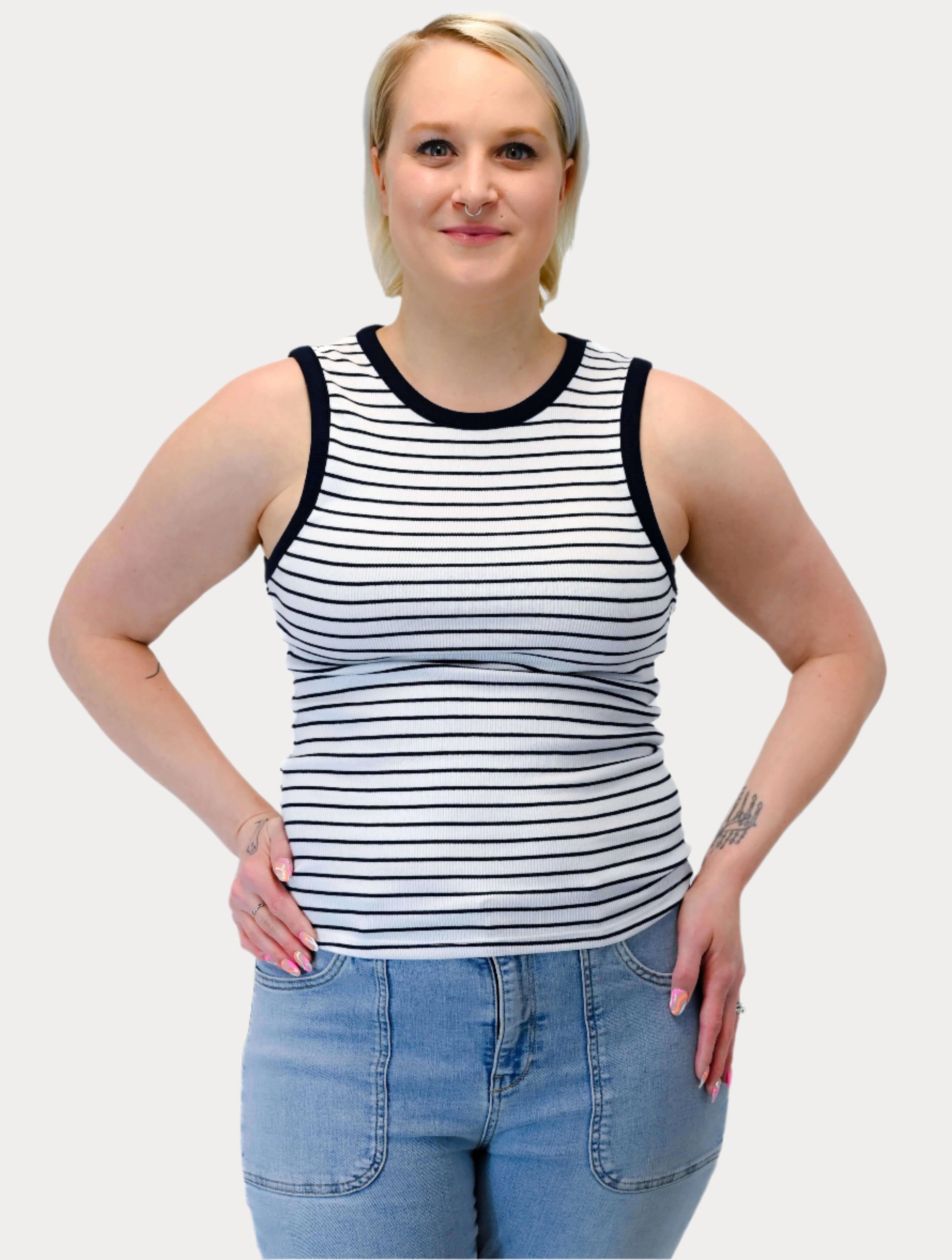 Maria Striped Crew Neck Muscle Tank in White/Navy