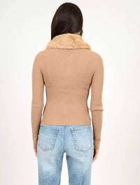 Delores Long Sleeve Faux Fur Collar Shirt in Camel