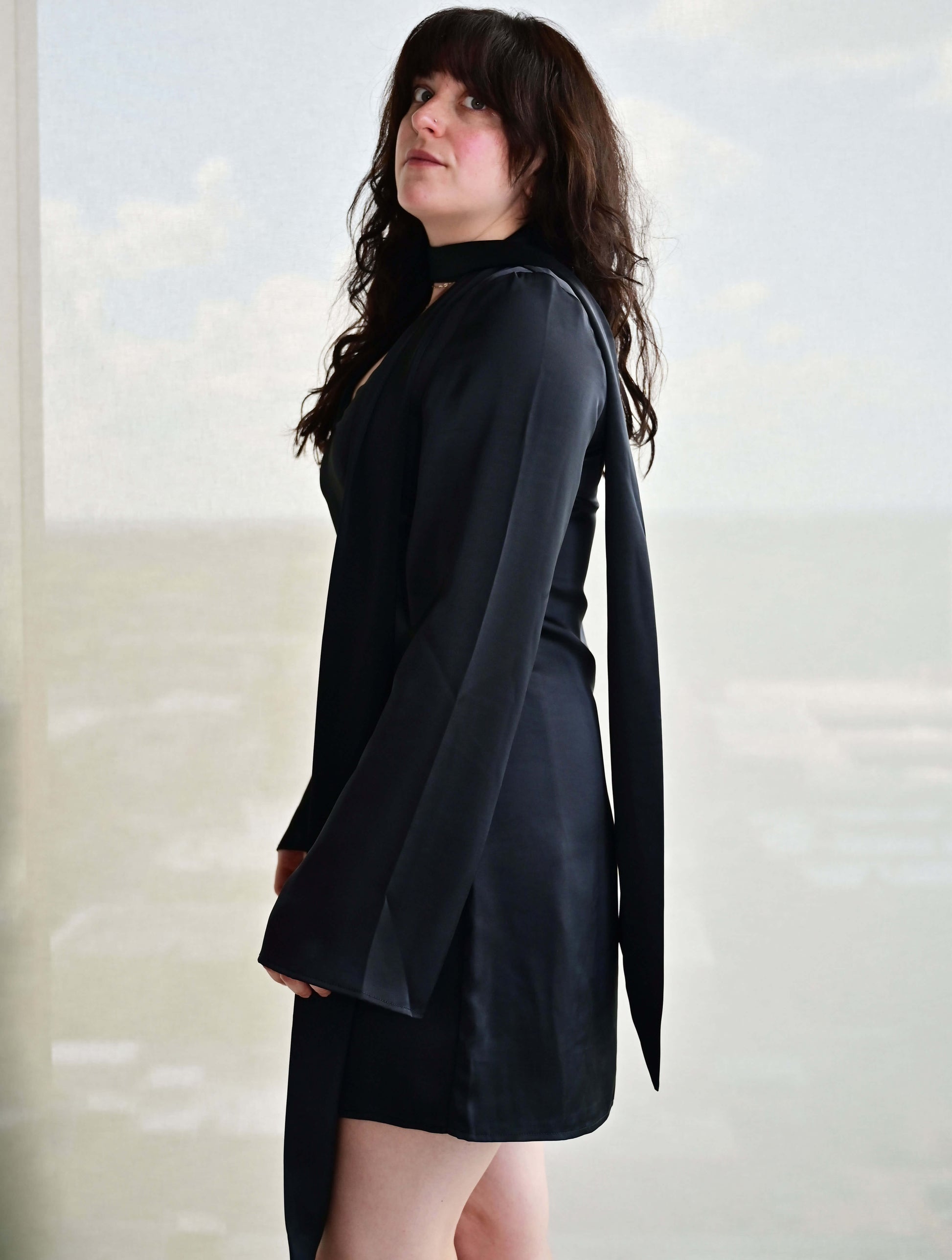 Heize Satin V-Neck Mini Dress with Scarf