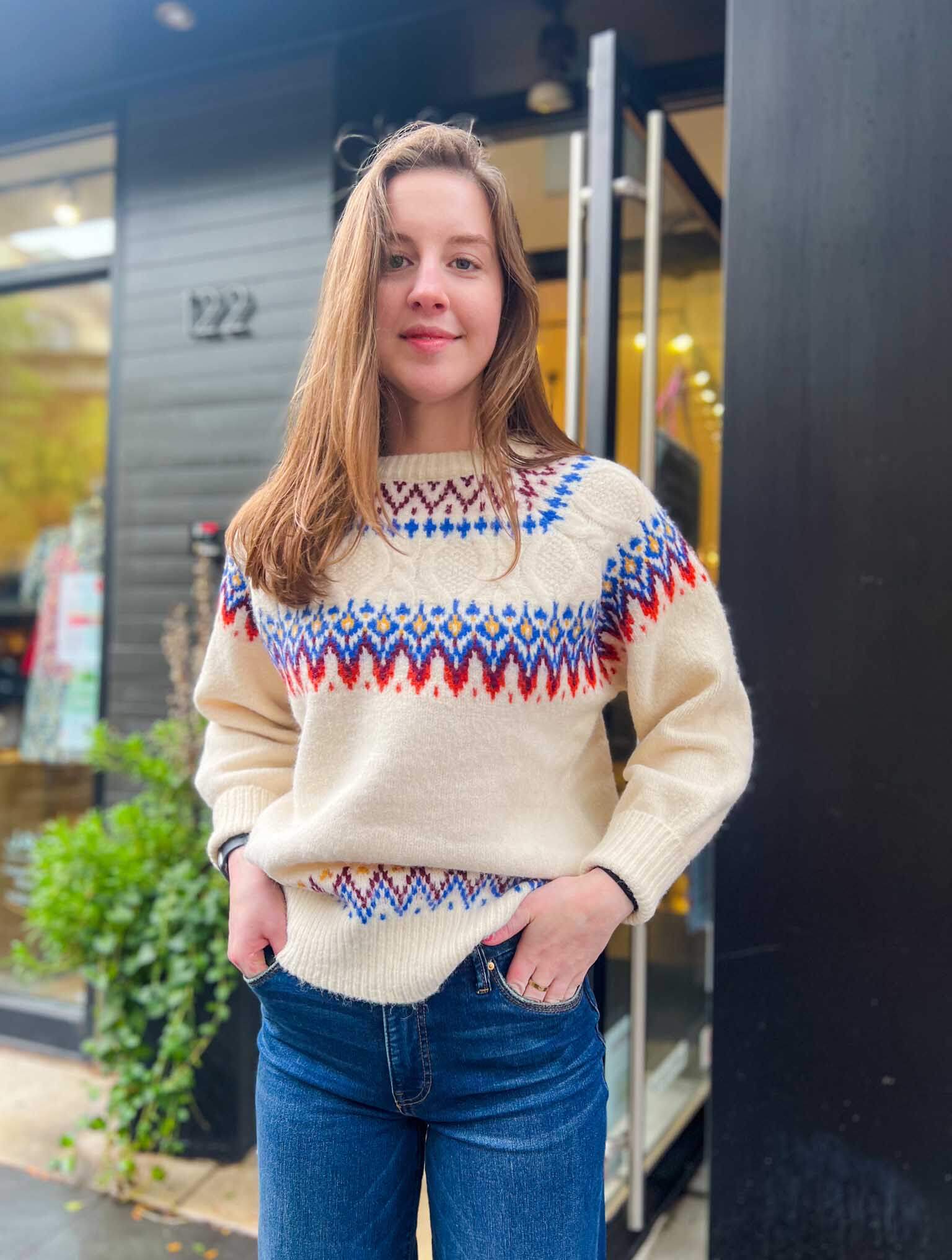 Melinda Fair Isle Sweater With Cable in Varsity Cream