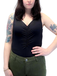 Viola Sleeveless V-Neck Shirred Bodysuit in Black