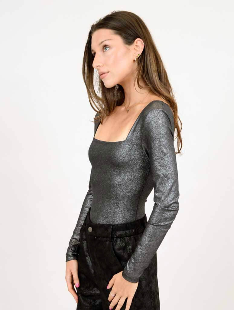 Stacy Long Sleeve Square Neck Bodysuit in Silver