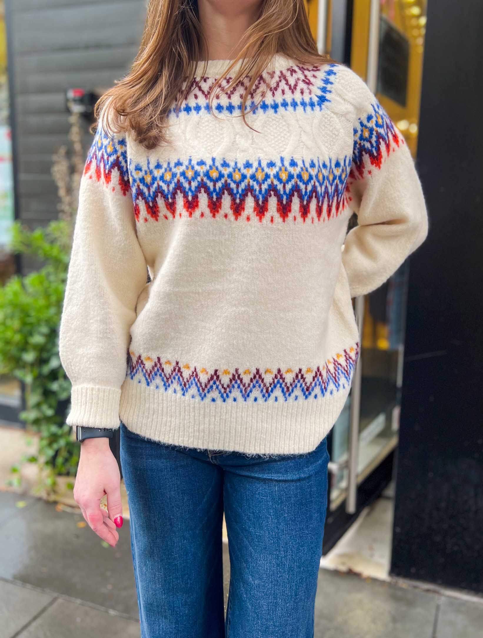 Melinda Fair Isle Sweater With Cable in Varsity Cream