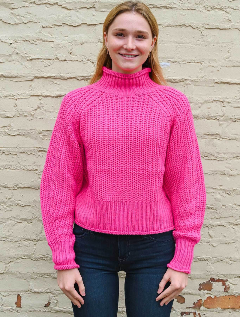 Hifza Mock Neck Long Raglan Sleeve Sweater in Barbie Pink