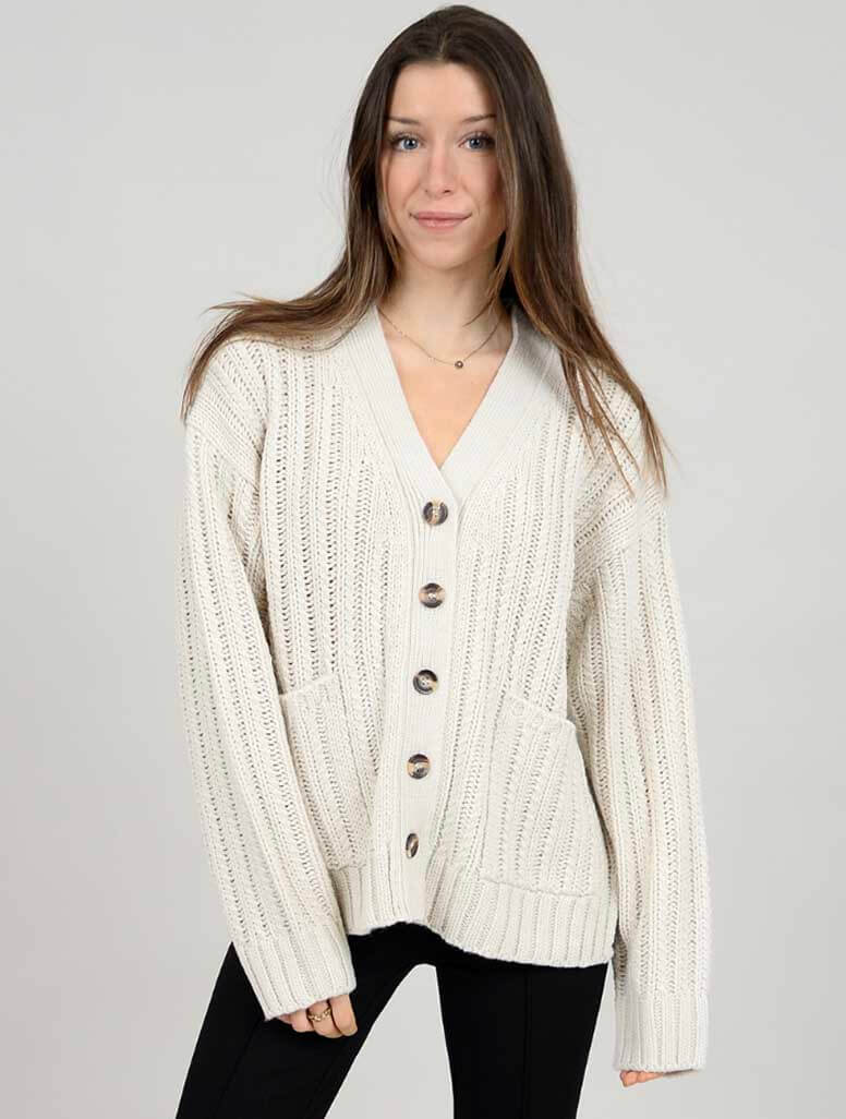 Krithika Long Sleeve V-Neck Cardigan in Pearl