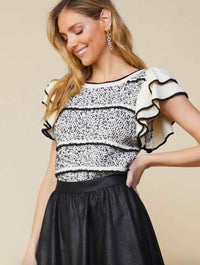 Ruffle Sleeve Stripe Knit Sweater in Ivory/Black