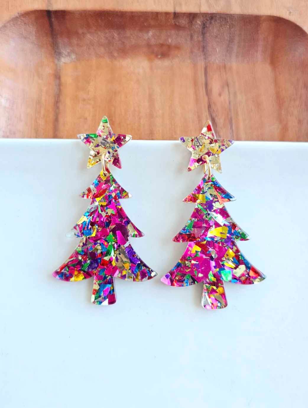Christmas Tree Earrings in Pink Sparkle