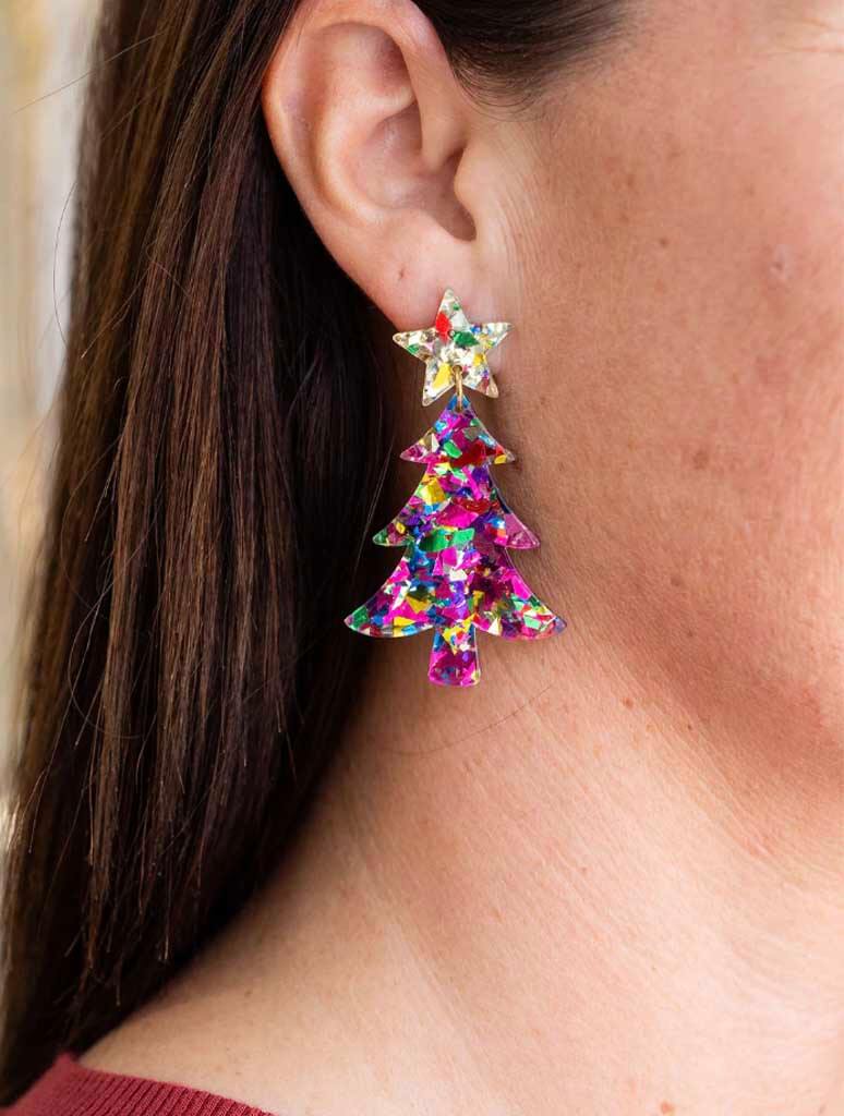 Christmas Tree Earrings in Pink Sparkle