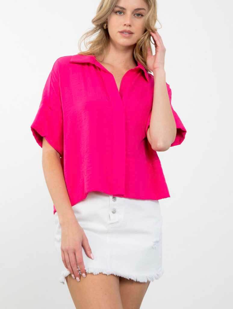 Short Sleeve Button Up Top in Magenta
