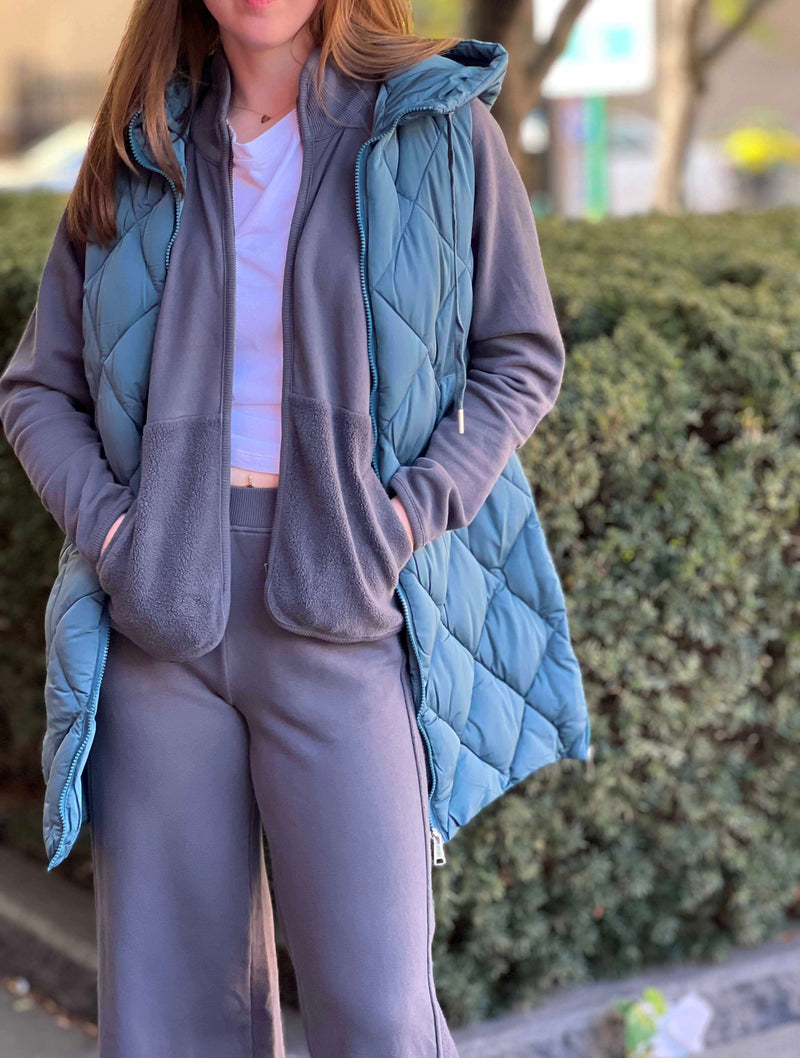 Long Sleeve Zipped-Up Mix Media Jacket in Gunmetal