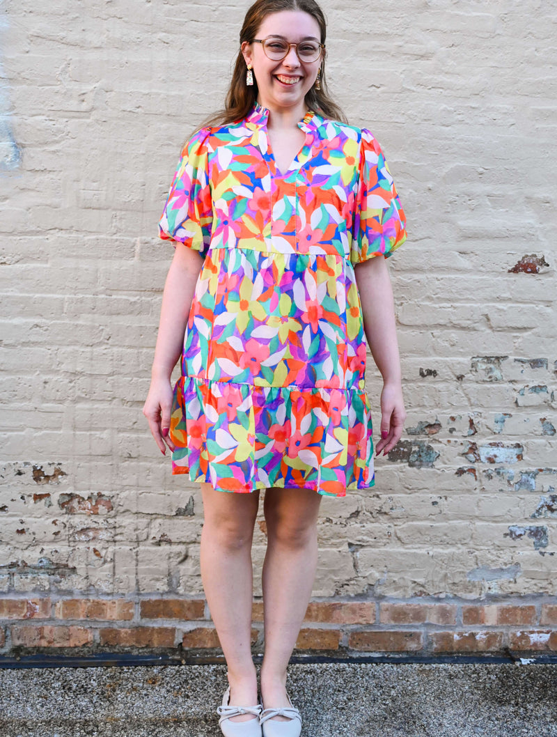 Puff Sleeve Flower Print Dress in Multi Color