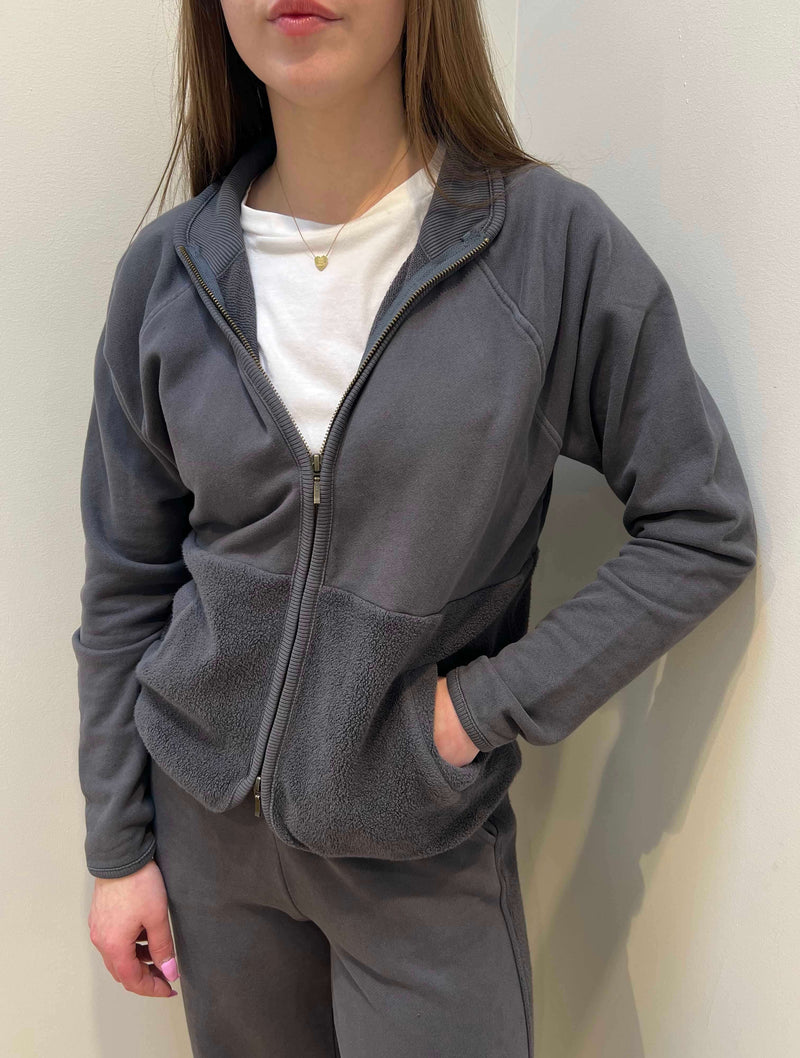 Long Sleeve Zipped-Up Mix Media Jacket in Gunmetal