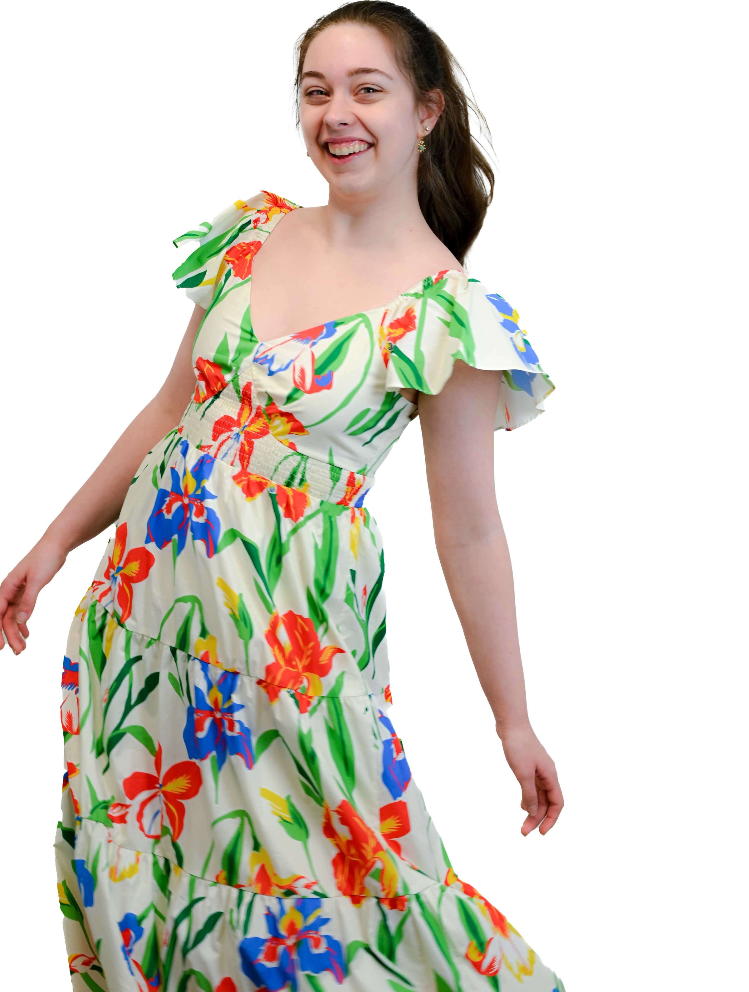 Tiered Flower Print Maxi Dress in Cream