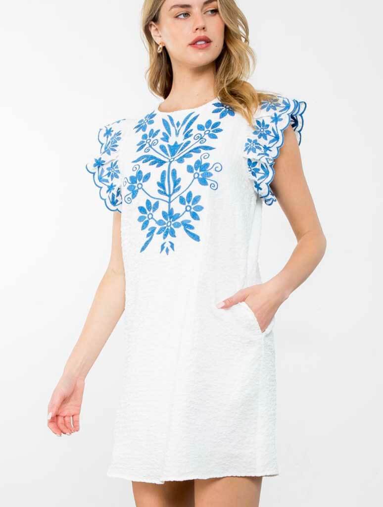 Flutter Steve Textured Embroidered Dress in White
