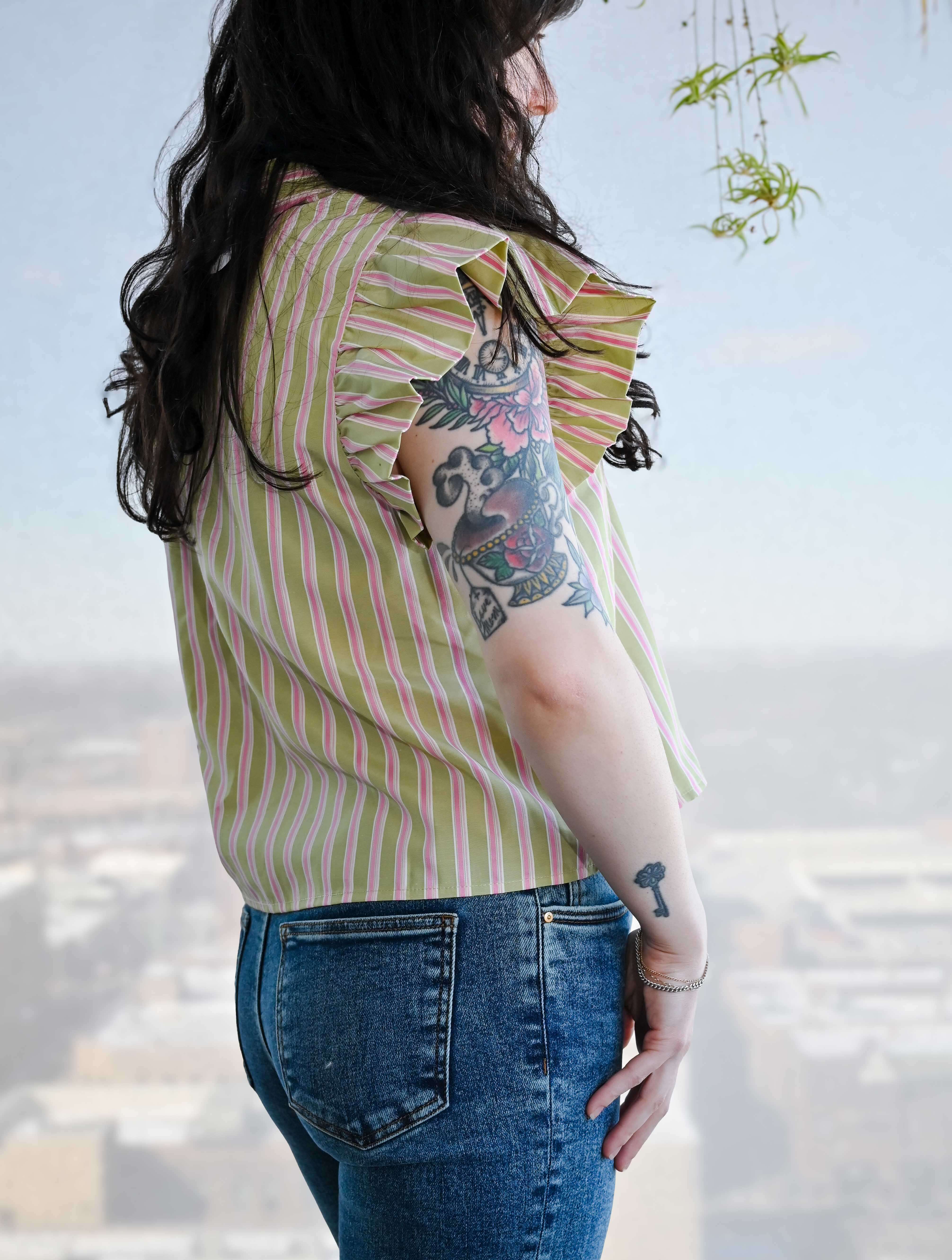 Flutter Sleeve Striped Button Top