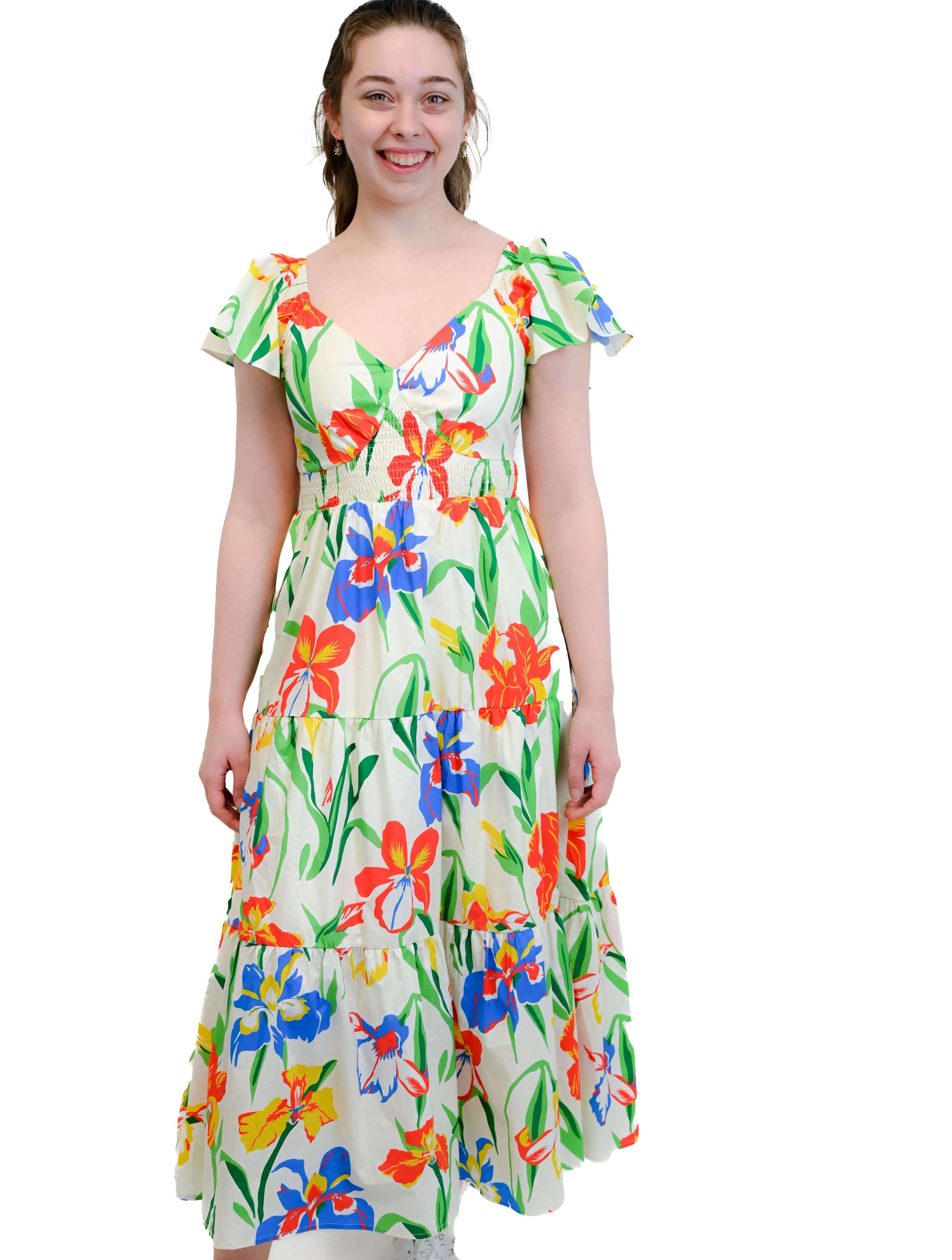 Tiered Flower Print Maxi Dress in Cream