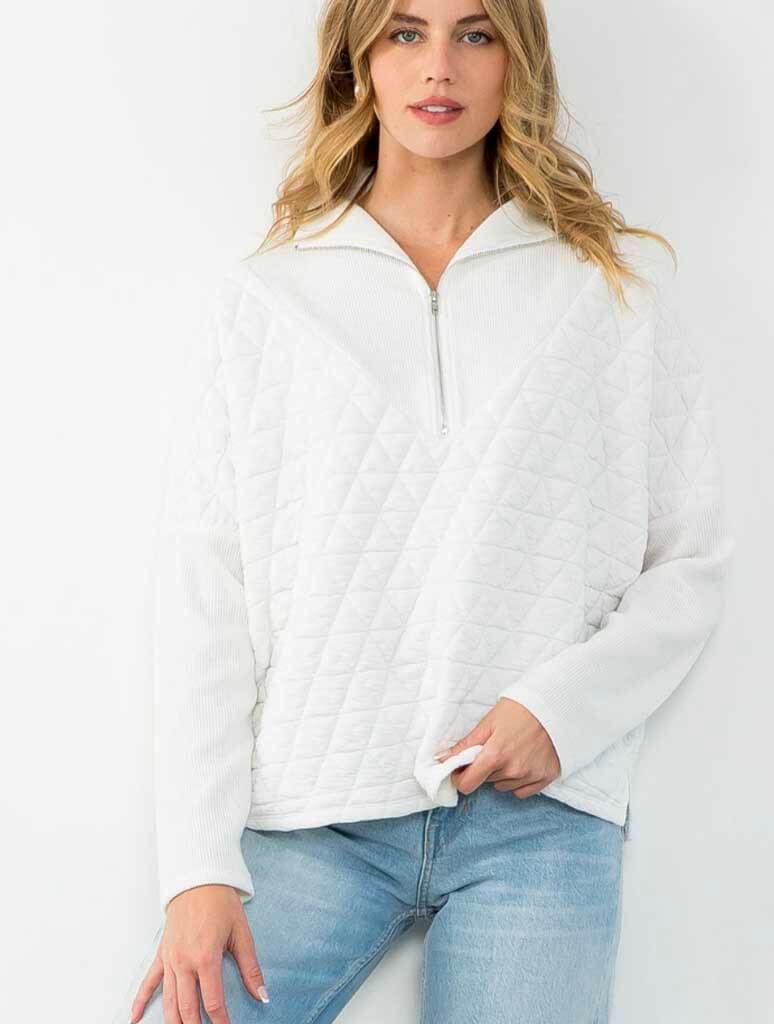 Textured Half Zip Sweater in White